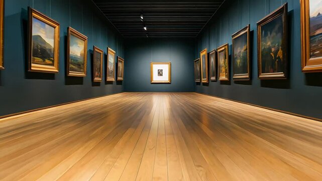 Spacious Art Gallery with Framed Paintings on Wooden Floor and Elegant Display