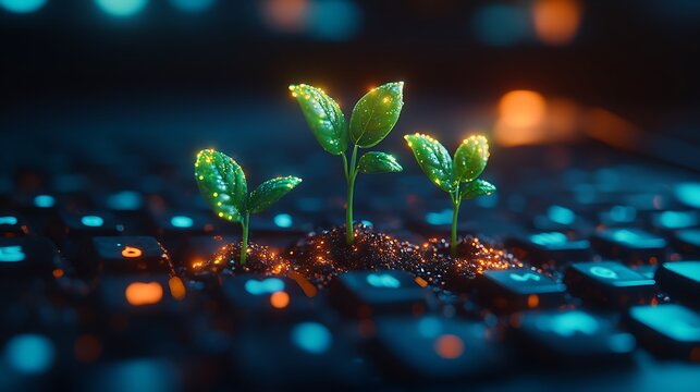 A futuristic cityscape at night, illuminated by neon lights and skyscrapers. In the foreground, three stacks of coins topped with growing plants symbolize financial growth and prosperity