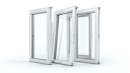 Four modern white windows displayed in various open positions against a clean white background, showcasing glass details and sleek design, perfect for architecture visuals.