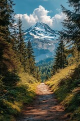 Scenic mountain path with lush greenery and snowy peak