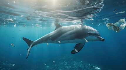 Naklejka premium A dolphin glides gracefully through polluted waters filled with plastic debris, highlighting environmental challenges.
