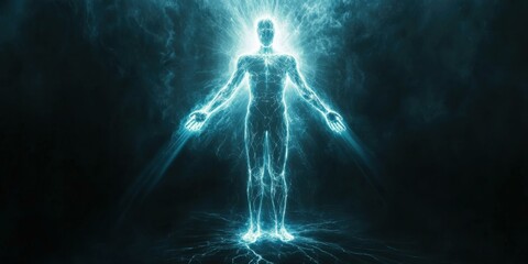 Abstract representation of a glowing human figure, suitable for wellness, spirituality, and technology themes.