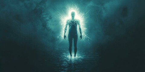 Surreal representation of a glowing figure emerging from water, ideal for themes of spirituality, self-discovery, and transformation.