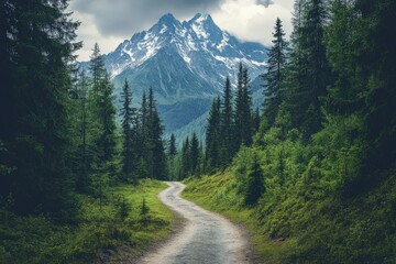 Winding dirt path through lush forest leading to mountains