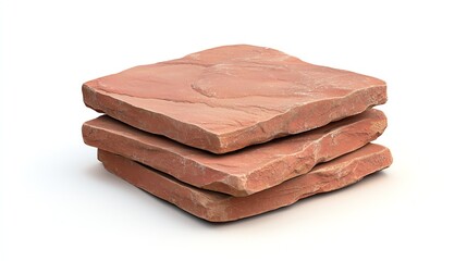 Stack of three textured red paving stones, showcasing their rugged surfaces and natural earthy tones, set against a clean white background, ideal for construction and design themes