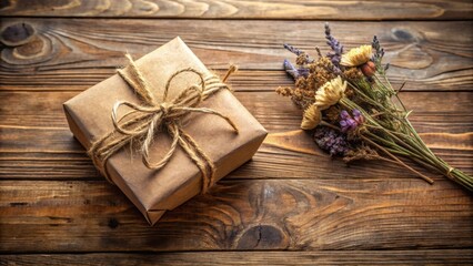 A simple brown gift box tied with twine sits on a rustic wooden surface, accompanied by a dried flower bouquet.