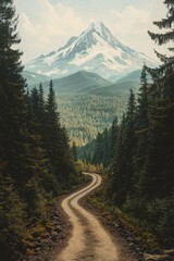 Serene winding path through lush forest towards mountain peak