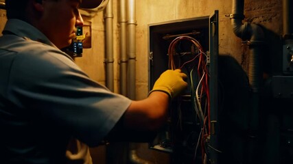 A skilled technician works meticulously to repair electrical wiring in a residential electrical panel. The dimly lit space highlights the intricacy of the task and the precision required