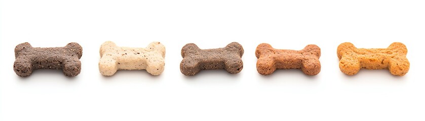 A collection of colorful dog treats shaped like bones displayed on a white isolated background. Perfect for promoting pet snacks and canine nutrition.