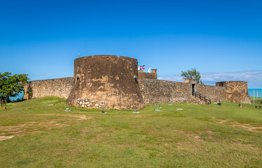 Exposure of the Fortaleza de San Filipe, an historic Spanish fortress used to protect the city of Puerto Plata from pirates, and is located on a hill near the seaport, Dominican Republic