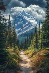 Scenic mountain trail surrounded by lush pine trees