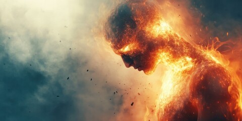 A fiery figure representing transformation and intensity, suitable for fantasy art, motivational content, or themes of rebirth.