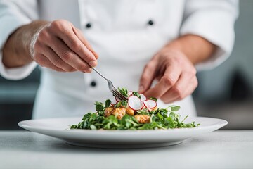 close-up of chef hands plating dish with artistic precision set against blurred background with wide copy space