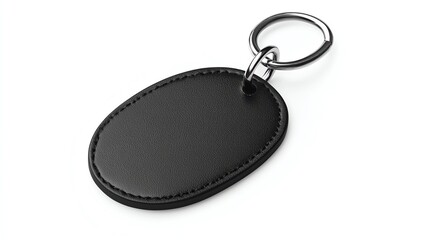 A stylish black leather keychain with a silver metal ring. The keychain features a smooth surface, perfect for personalization, and is isolated on a clean white background.