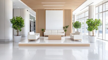 Modern lobby waiting area with plants, sunlight