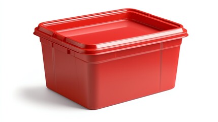 A vibrant red plastic storage container with a lid, ideal for organizing items in home or office settings. Its sturdy design ensures it is practical for various uses.