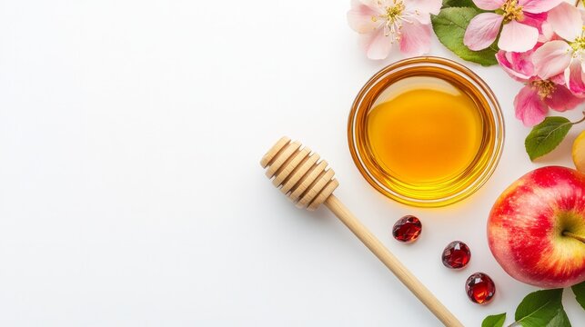 Honey in a glass bowl is surrounded by red apples pink flowers and garnets along with a wooden honey dipper Presented on a white background with space for text