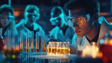 Science students conduct experiments in a lab at night