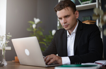 A young man in a black suit works on a laptop in a modern office setting. The scene includes plants, a coffee cup, and notebooks, creating a professional and focused atmosphere.