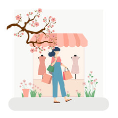 flat illustration spring shopping girl walking with purchases from the store