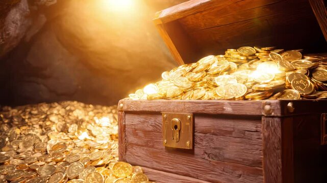 Treasure Chest of Gold Coins ted by Light in Mysterious Cave Setting