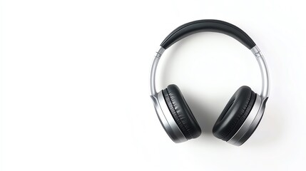 Fototapeta premium Stylish black headphones with a silver accent resting on a white isolated background, perfect for music lovers and tech enthusiasts.