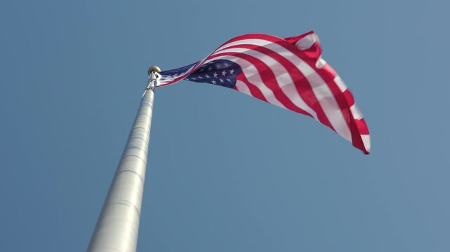 Looking up at American flag at top of pole 4k
