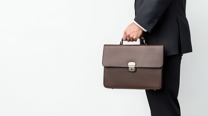 A business professional dressed in a suit holding a brown leather briefcase against a white background, symbolizing work, professionalism, and career readiness.