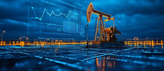 Oil pump jack operating at dusk with data analytics overlay and futuristic cityscape backdrop