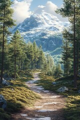 Scenic mountain pathway through lush greenery and pine trees