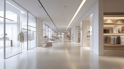 Modern minimalist clothing store interior, bright hallway, retail space, shop design