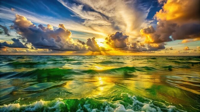 A vibrant sunrise paints the sky with hues of orange, yellow, and pink, casting shimmering light upon the rolling emerald waves of the ocean.