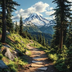 Mountain trail in a lush forest setting under blue skies