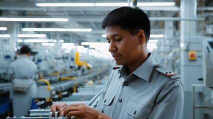 A diligent worker carefully assembles components in a spacious, well-lit factory. The environment is equipped with advanced machinery and organized workstations, showcasing efficiency