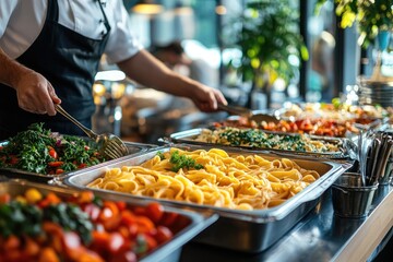 Chef serving pasta and vegetables at a buffet in a restaurant