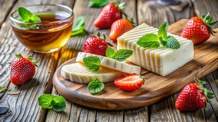 A refreshing summer snack with creamy white cheese, ripe strawberries and a sprig of fresh mint, arranged on a rustic wooden board.