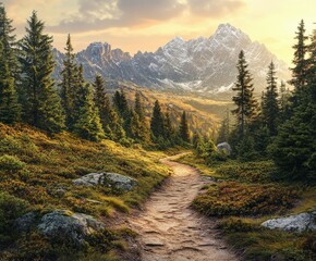 Obraz premium Beautiful mountain trail surrounded by lush greenery