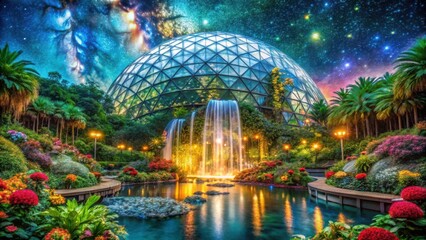 Fototapeta premium A tranquil oasis with a cascading waterfall, shimmering lights, and a breathtaking view of a starry sky above a geodesic dome.
