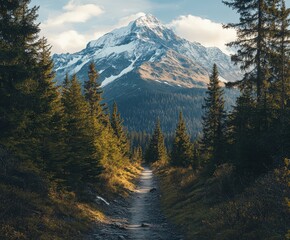 Majestic mountain view along a winding forest trail
