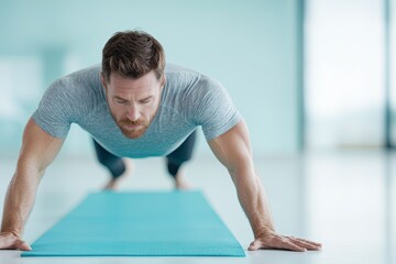 confident man in plank pose on bright yoga mat indoors with soft natural light streaming in