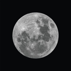 Realistic moon vector isolated on black background. Full moon illustration. Detailed Luna. Super moon in dark background.