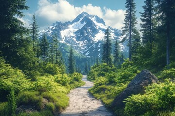 Fototapeta premium Scenic mountain trail with lush greenery and snow-capped peaks