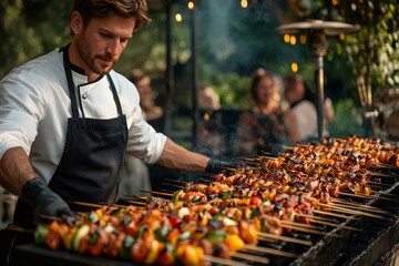 Chef grilling skewers at outdoor barbecue party for guests