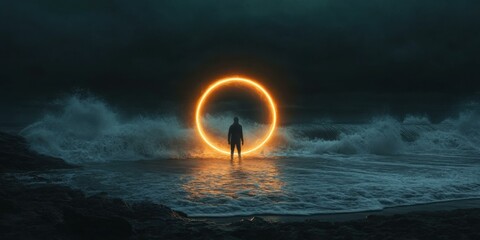 Mysterious figure standing in ocean waves illuminated by a glowing circle, evoking themes of exploration and the unknown.