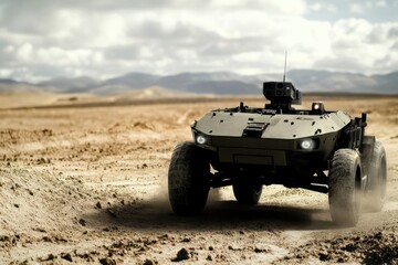 Military unmanned ground vehicle navigating arid terrain under cloudy sky