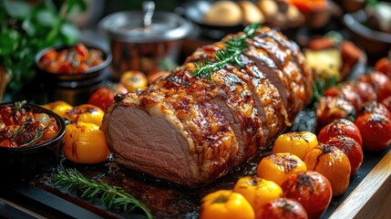 Sliced roast beef with rosemary and roasted vegetables on serving tray
