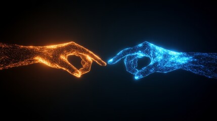 Two glowing hands one orange and one blue symbolize help support and unity through luminous particles