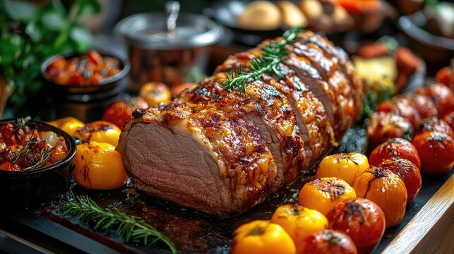 Sliced roast beef with rosemary and roasted vegetables on serving tray