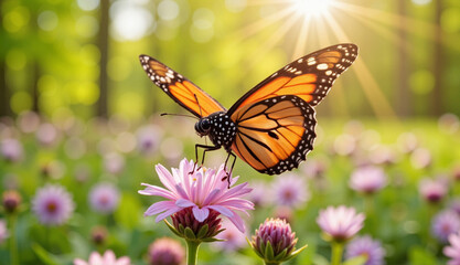 Fototapeta premium Monarch butterfly landing on blooming flower, spring beauty