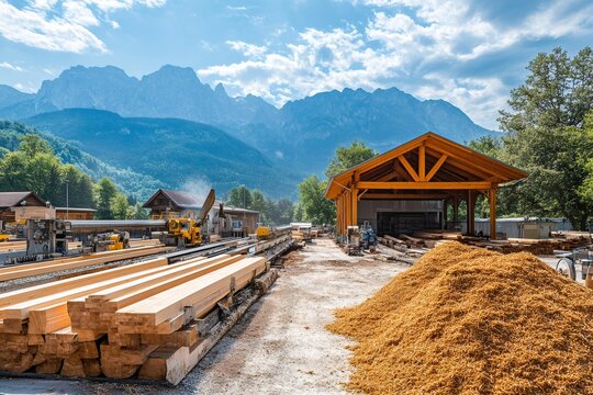 Sawmill processing timber in the alps with mountains in the background